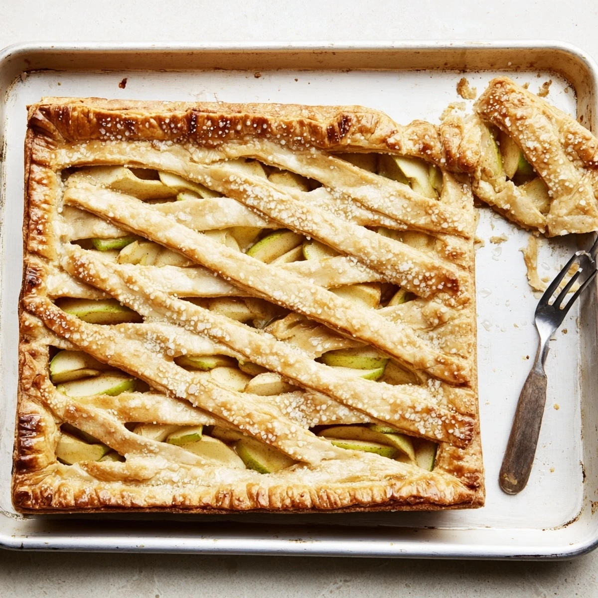 Rectangular apple slab pie baked to golden perfection with egg-washed top and coarse sugar crystals
