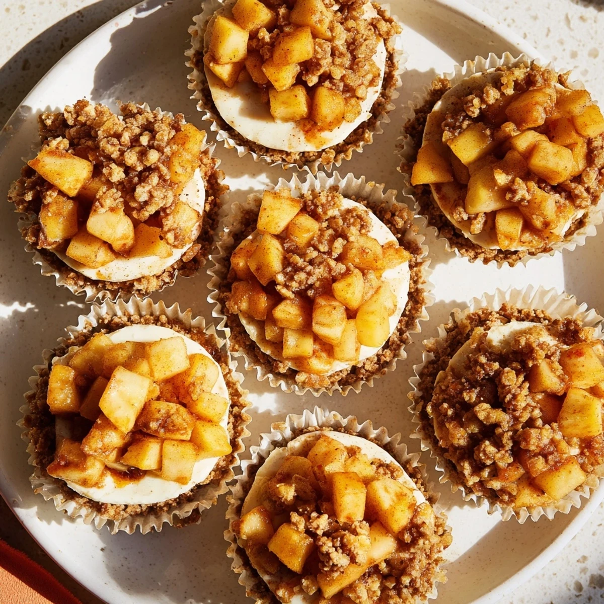 Creamy mini cheesecakes topped with warm spiced apple crisp crumble on a white plate