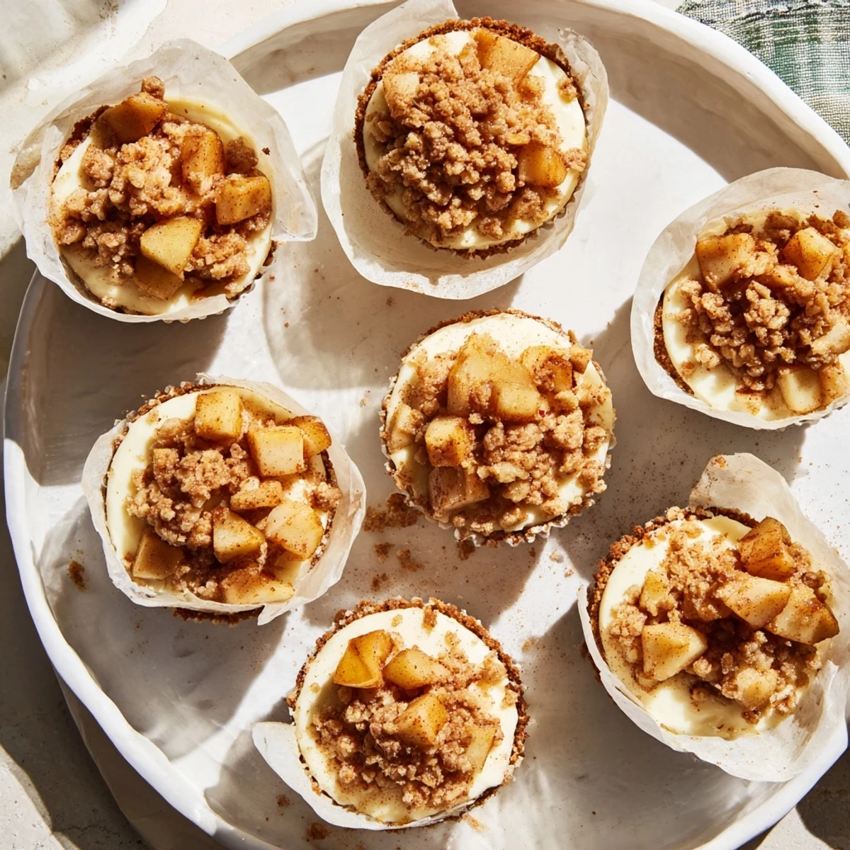 Individual apple crisp mini cheesecakes served with tender diced apples and crunchy oat topping