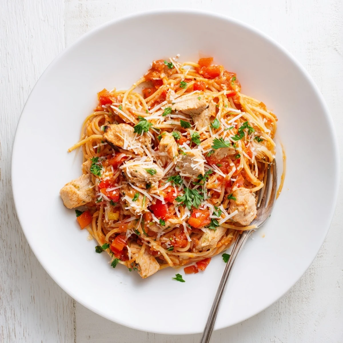 Steaming bowl of savory Instant Pot chicken spaghetti with tender chunks in rich tomato sauce