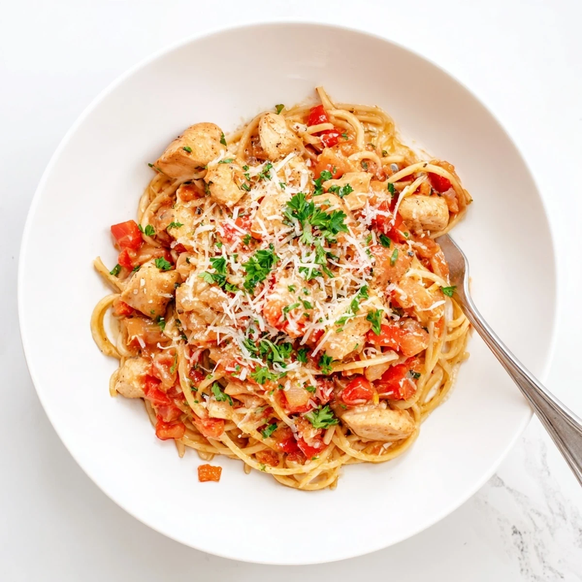 Golden chicken pieces and al dente spaghetti coated in flavorful red tomato sauce with parmesan