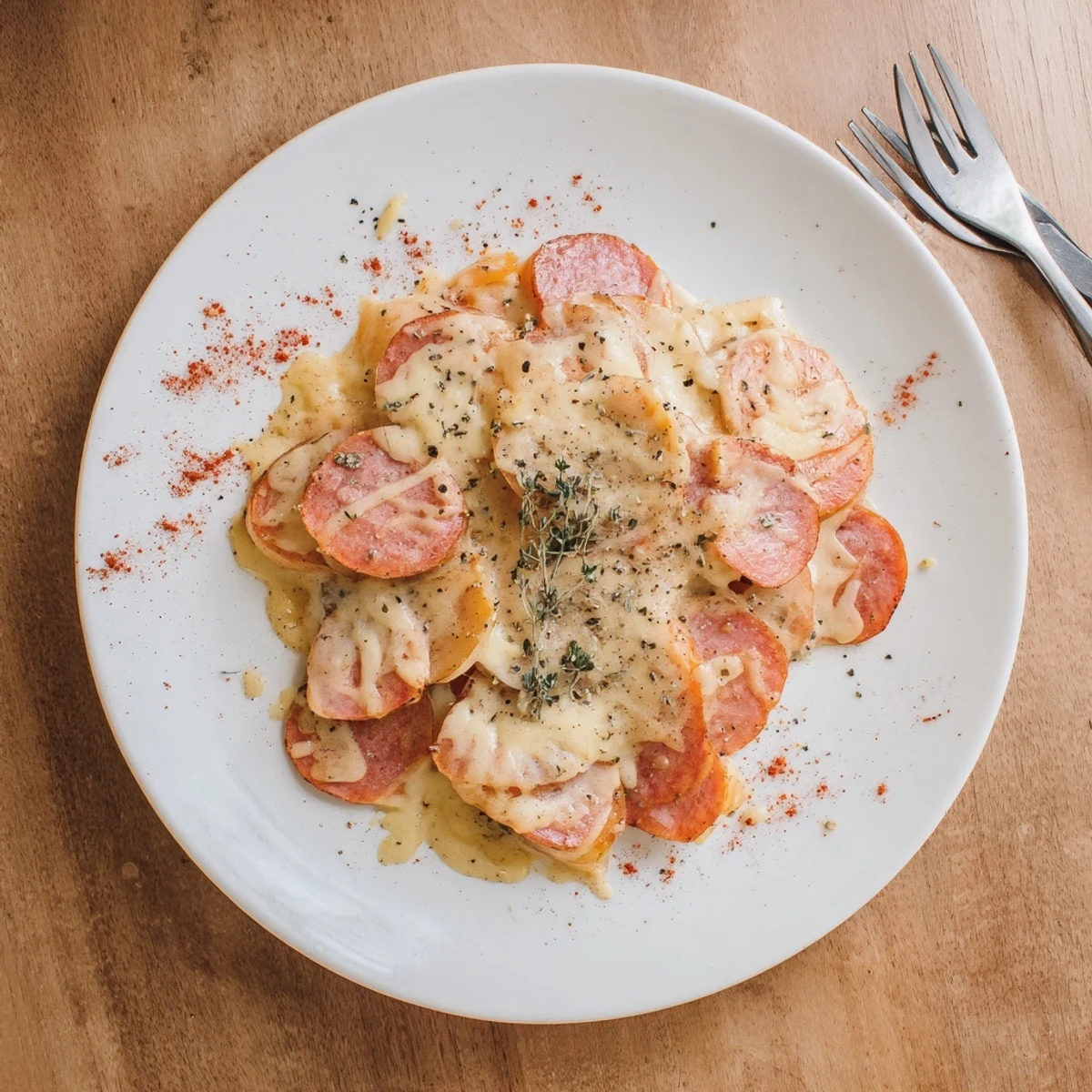 Slow cooker scalloped potatoes with kielbasa layered in creamy cheddar sauce bubbling in a ceramic crockpot
