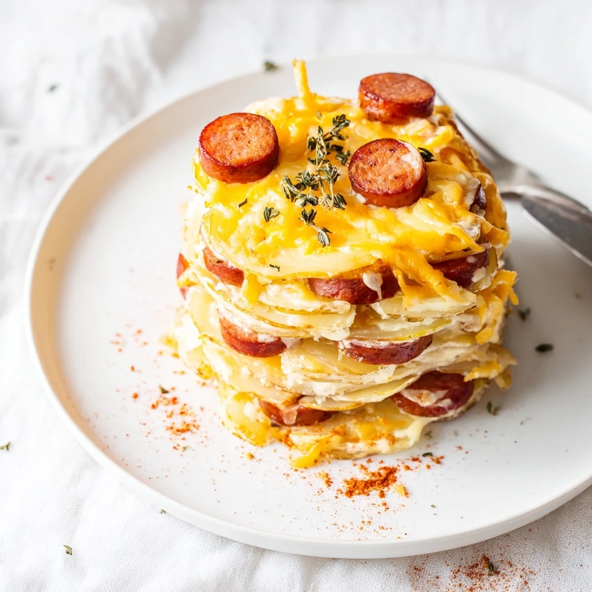 Golden brown cheesy scalloped potatoes kielbasa casserole with tender potato slices and smoked sausage rings