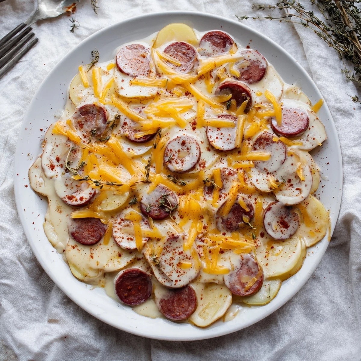Comforting slow cooker scalloped potatoes kielbasa dish topped with melted cheddar and fresh thyme sprinkles