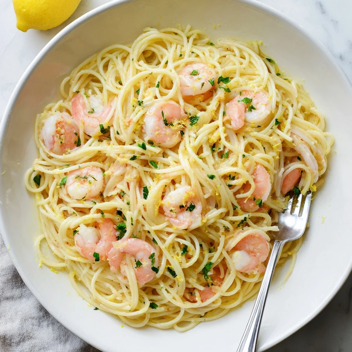 Golden shrimp scampi pasta tangled in lemon garlic sauce with fresh parsley garnish