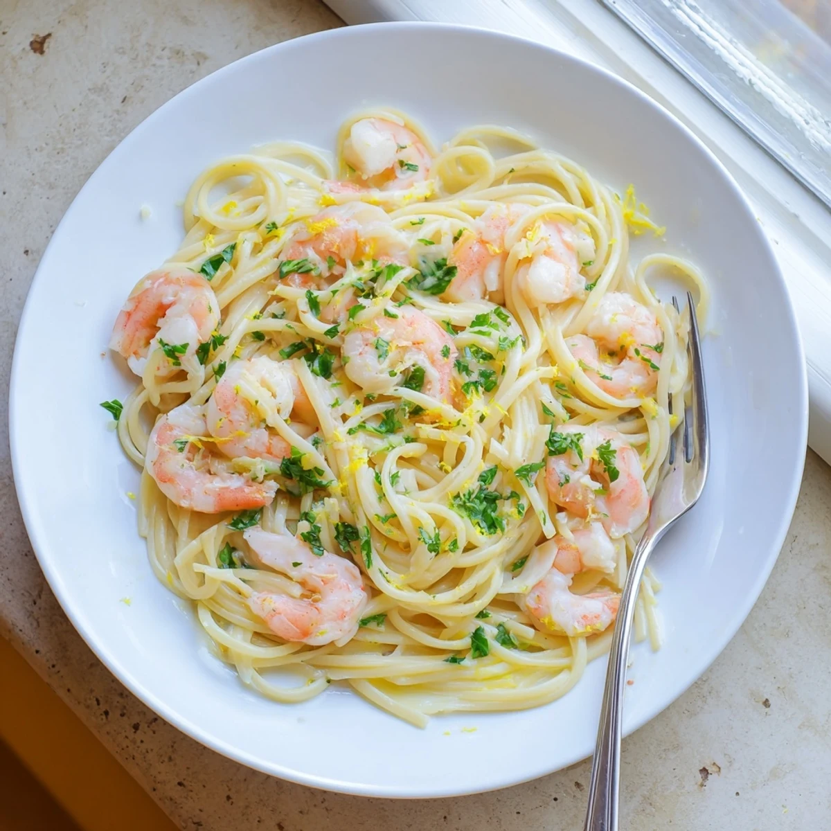 Classic Italian-American shrimp scampi pasta plated with juicy shrimp and al dente spaghetti noodles