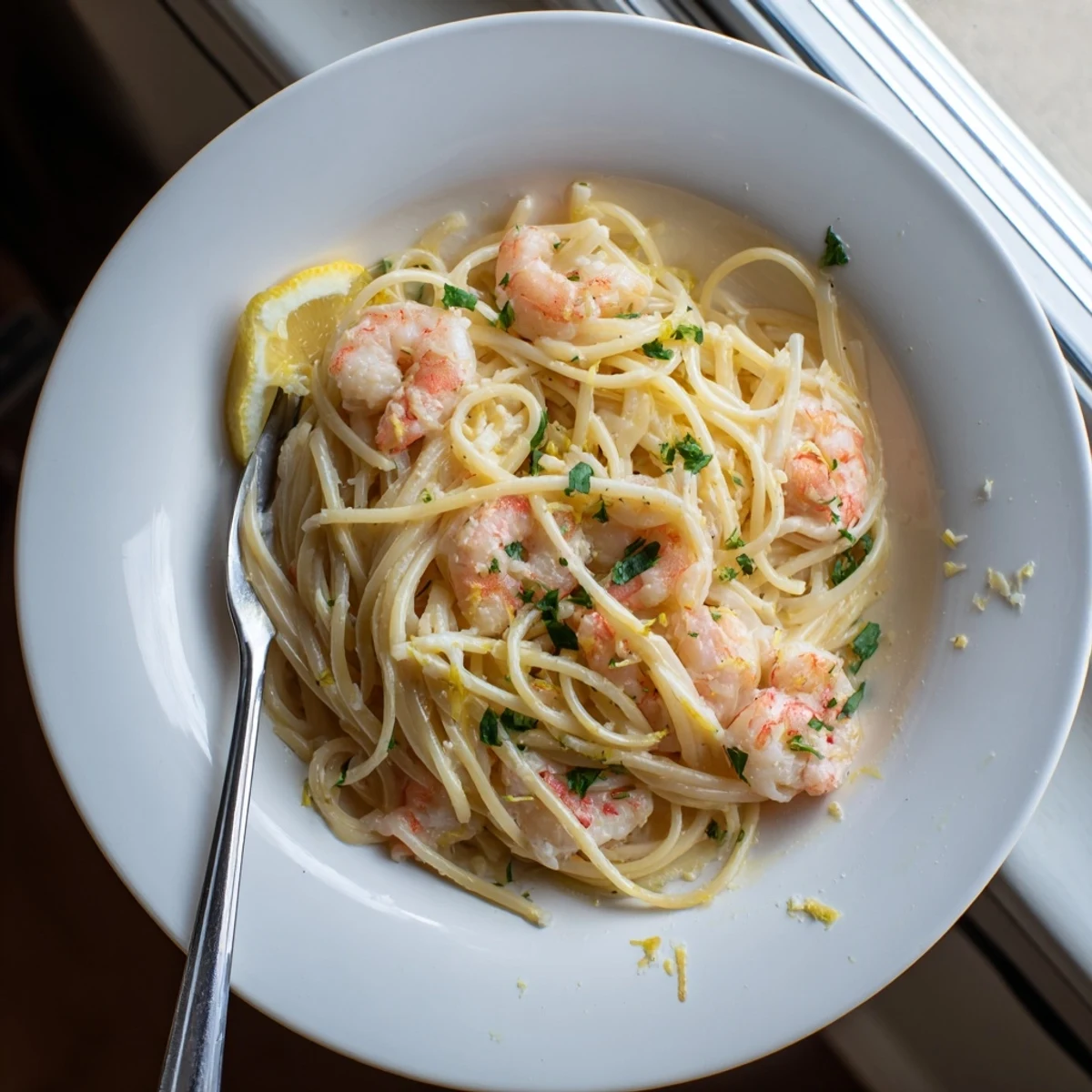 Creamy garlic shrimp scampi pasta served in white wine lemon butter sauce