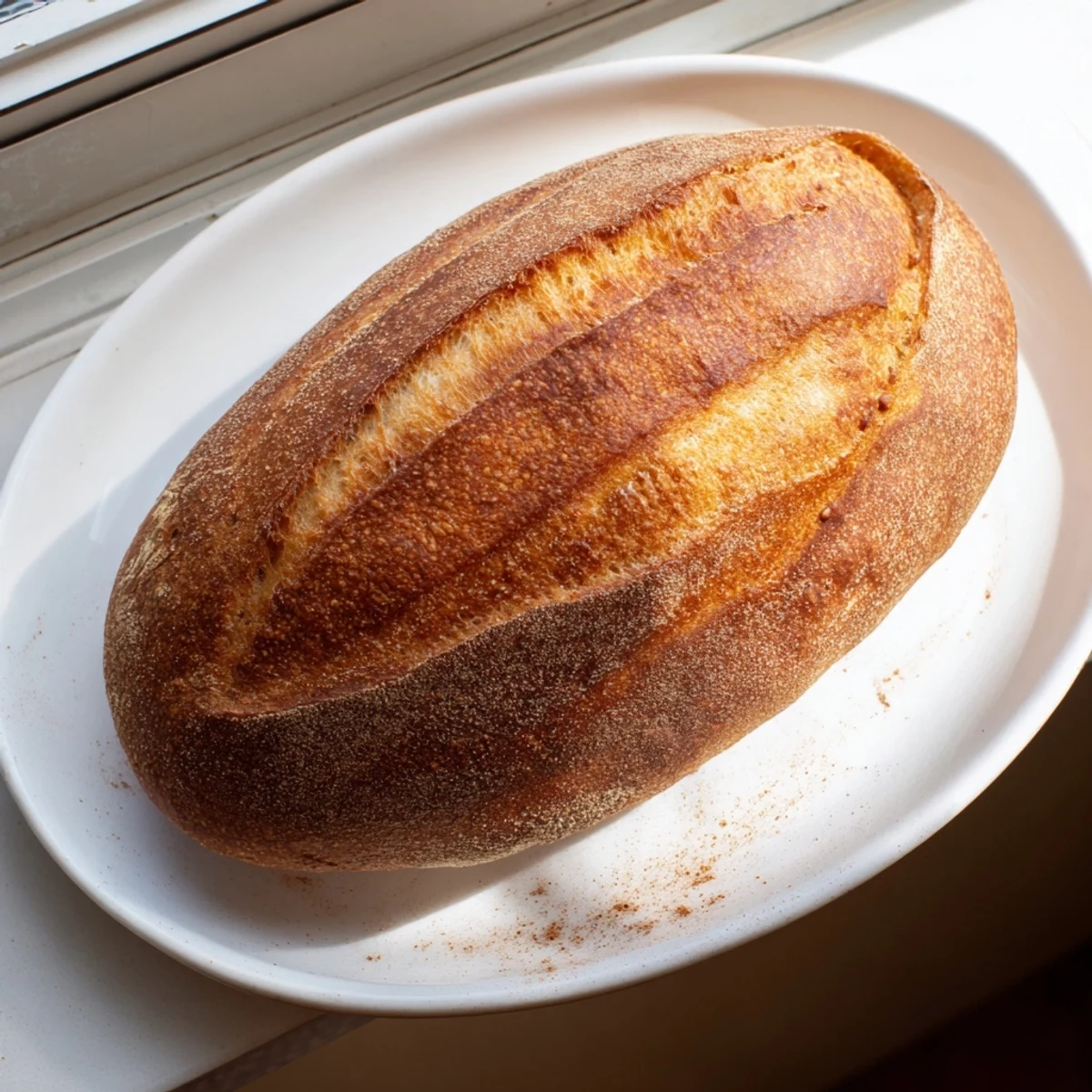Freshly baked crusty Italian bread broken open to reveal soft chewy interior crumb