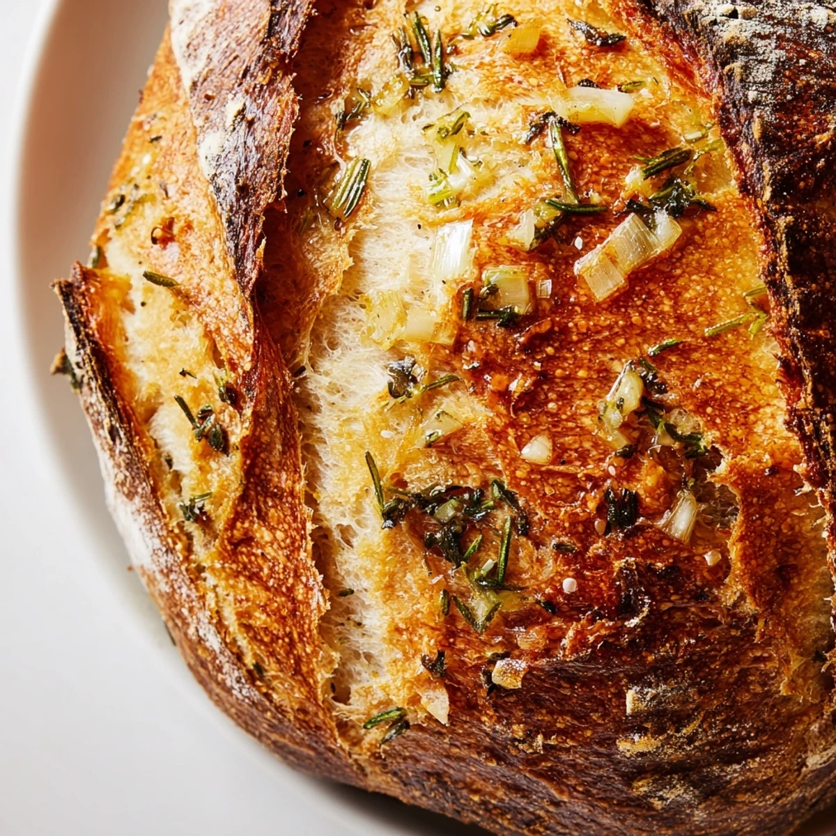 Homemade Garlic Herb Dutch Oven Bread brushed with melted butter and garnished with rosemary