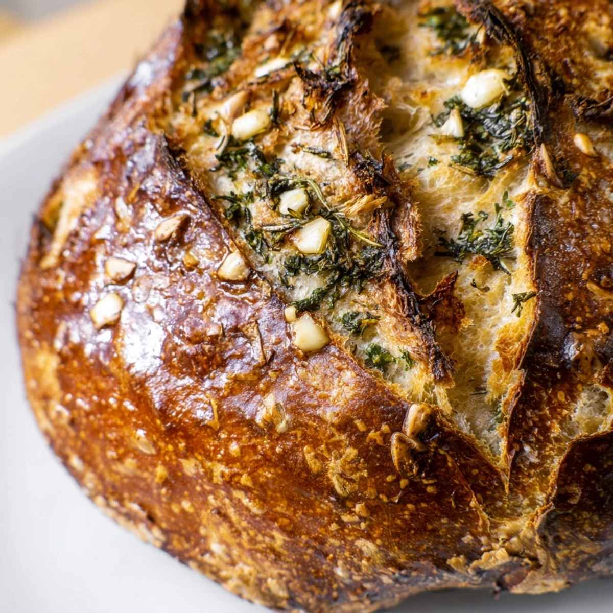 Rustic artisan Garlic Herb Dutch Oven Bread sliced open revealing soft crumb and aromatic herbs