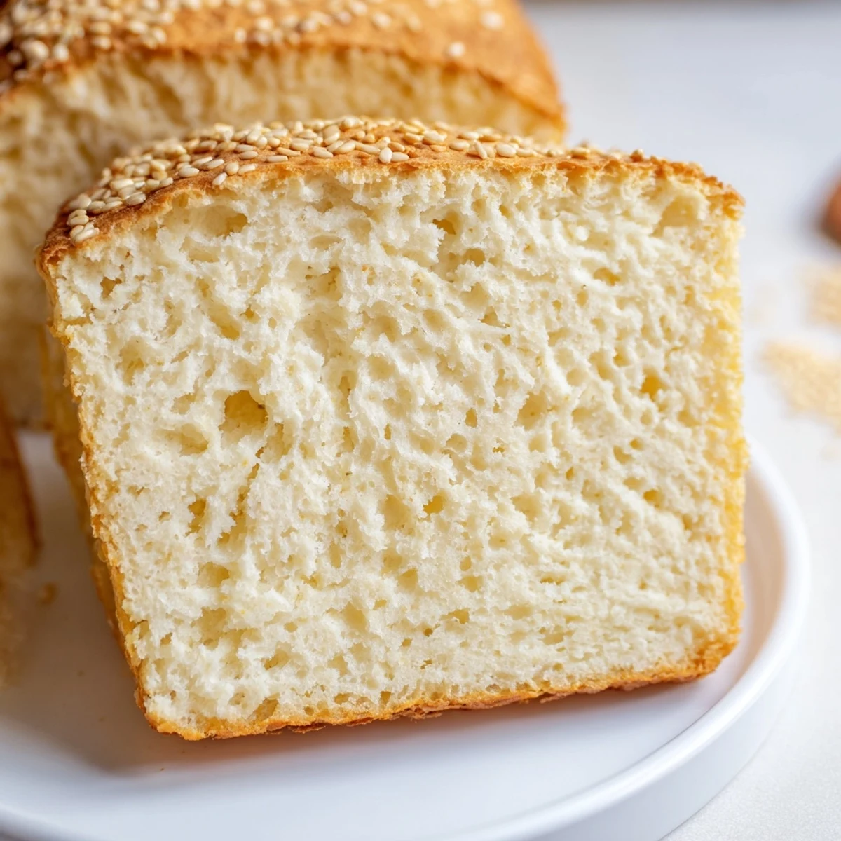 Golden zero carb yogurt bread loaf sliced on wooden board with sesame seed topping