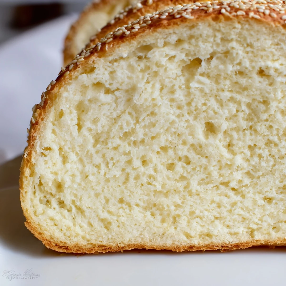 Fluffy keto zero carb yogurt bread toasted with melted butter on white plate