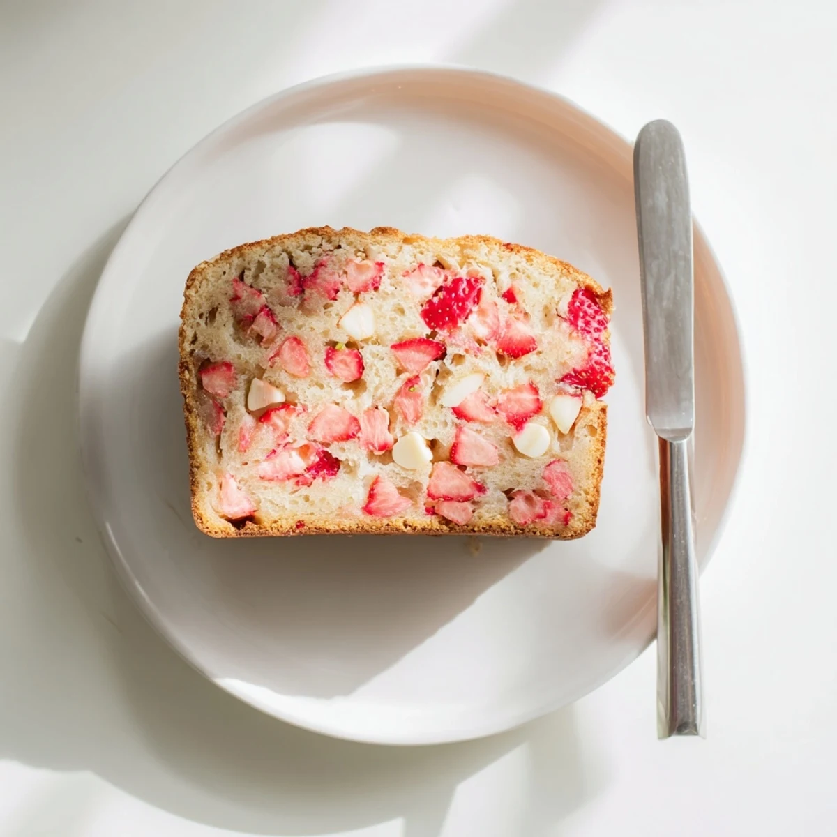 Homemade strawberry sourdough bread topped with creamy white chocolate chips on wooden board