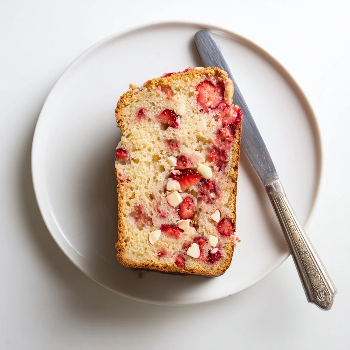 Sliced loaf revealing juicy strawberries and melted white chocolate chips inside tender sourdough bread
