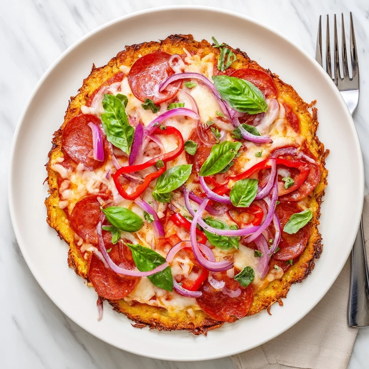 Golden crispy chicken crust pizza loaded with mozzarella, pepperoni, and colorful vegetables on a wooden board