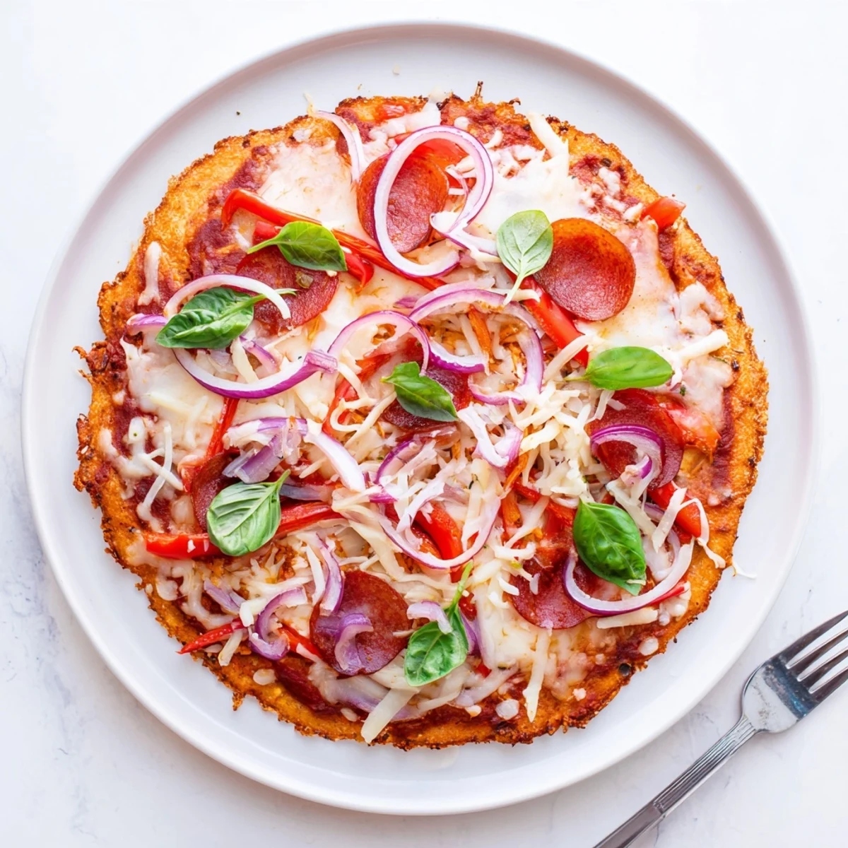 Sizzling low-carb chicken crust pizza bubbling with melted cheese and fresh basil after baking