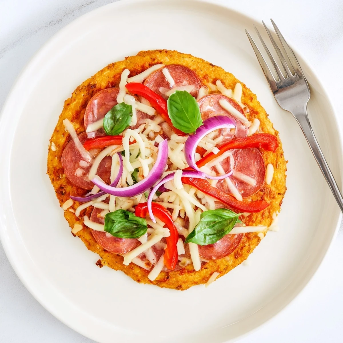 Delicious gluten-free chicken crust pizza sliced into wedges garnished with red onion and bell pepper strips