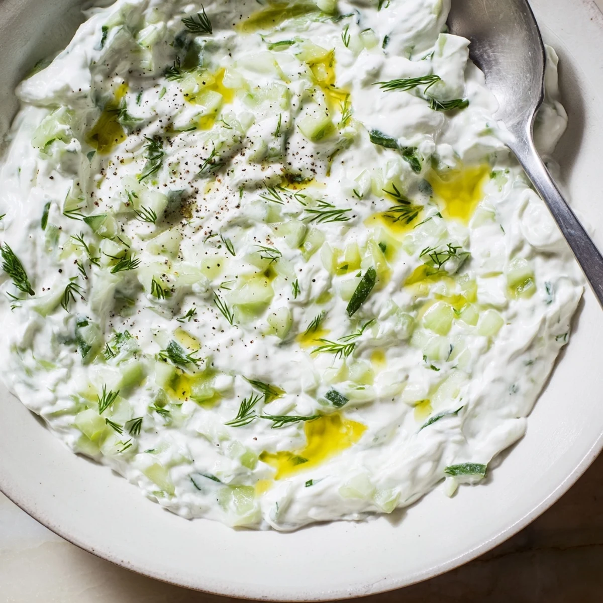 Creamy healthy radish tzatziki dip served in a white bowl with fresh dill garnish and pita bread