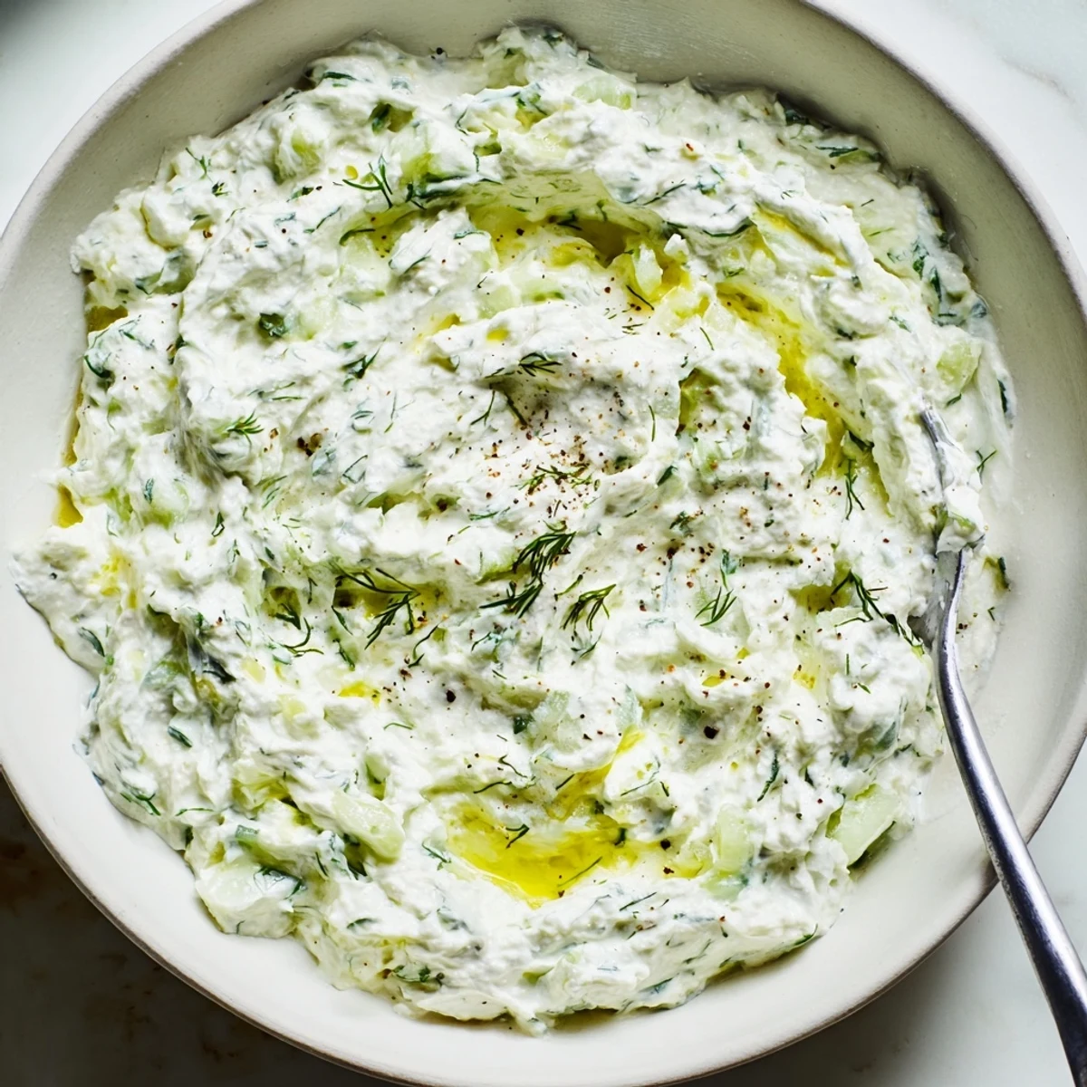 Thick and refreshing healthy radish tzatziki dip with grated radishes visible, perfect for Mediterranean mezze platters