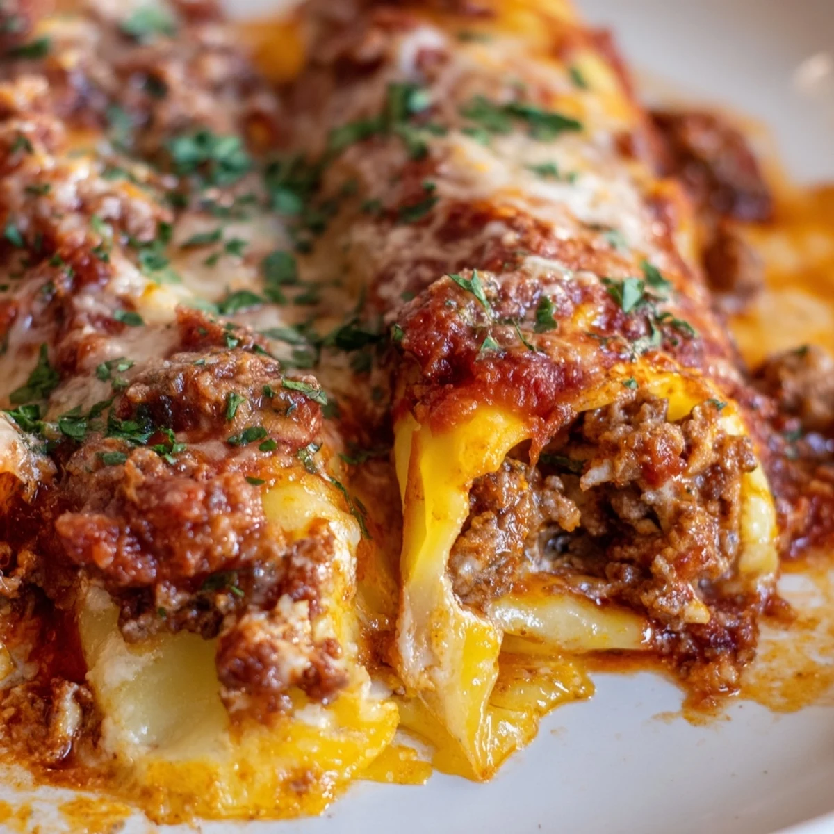 Cheesy stuffed manicotti with meat sauce bubbling under golden melted mozzarella in casserole dish