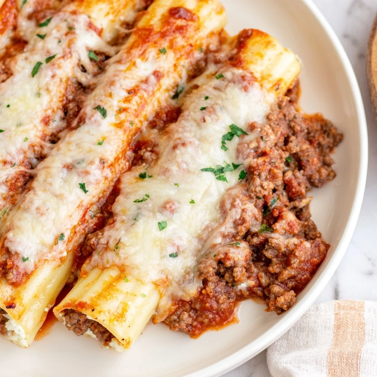 Tender manicotti tubes filled with creamy ricotta nestled in rich seasoned tomato meat sauce