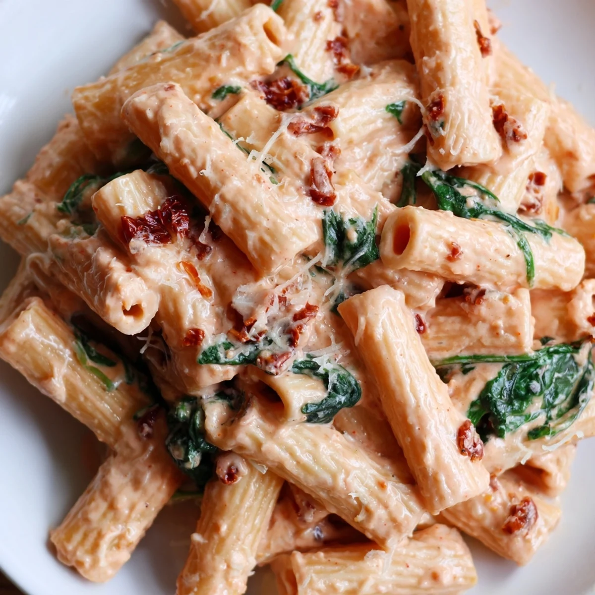 Creamy sun dried tomato spinach pasta in a rustic skillet with velvety pink sauce coating every tender noodle
