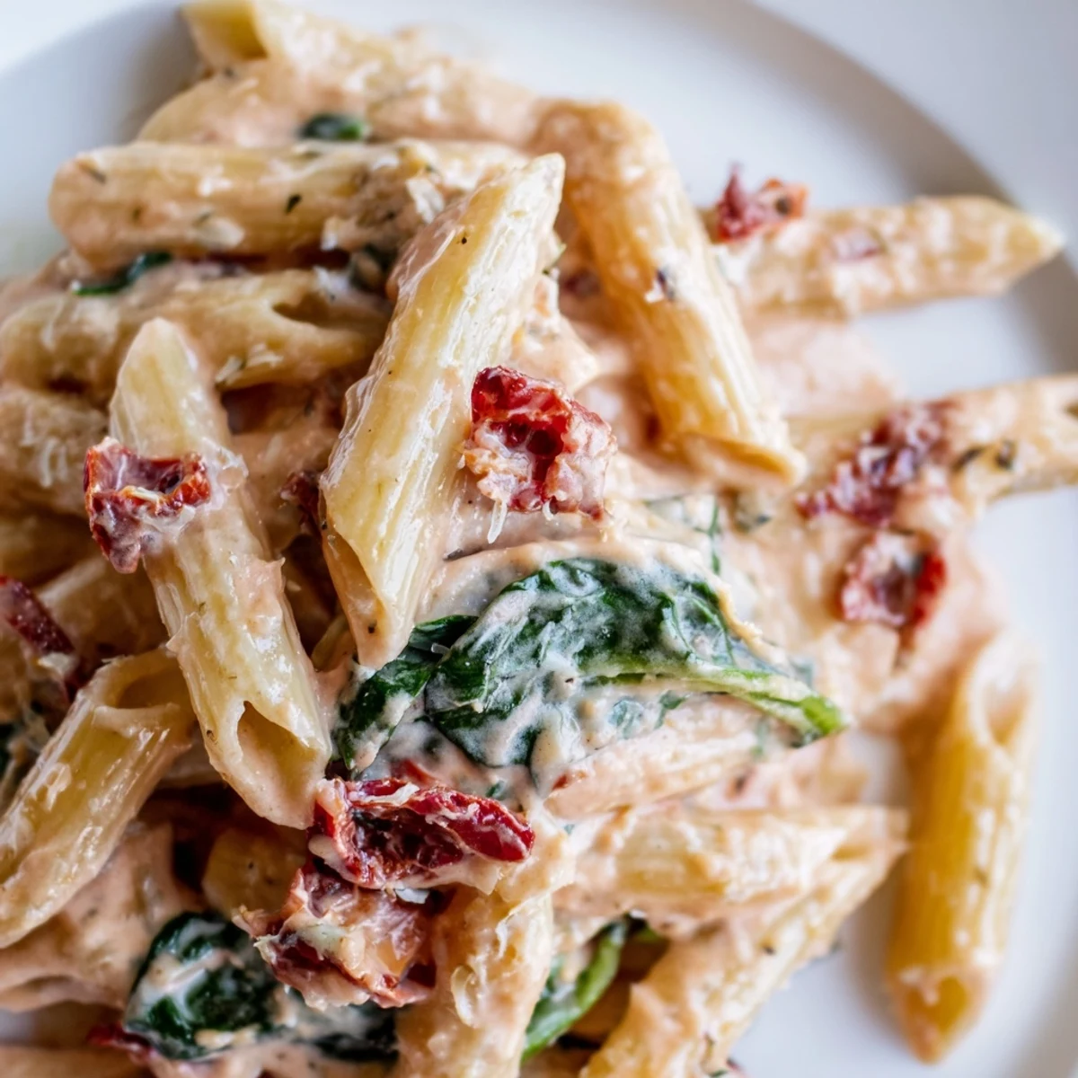 Steaming plate of creamy sun dried tomato spinach pasta topped with grated Parmesan and fresh spinach leaves