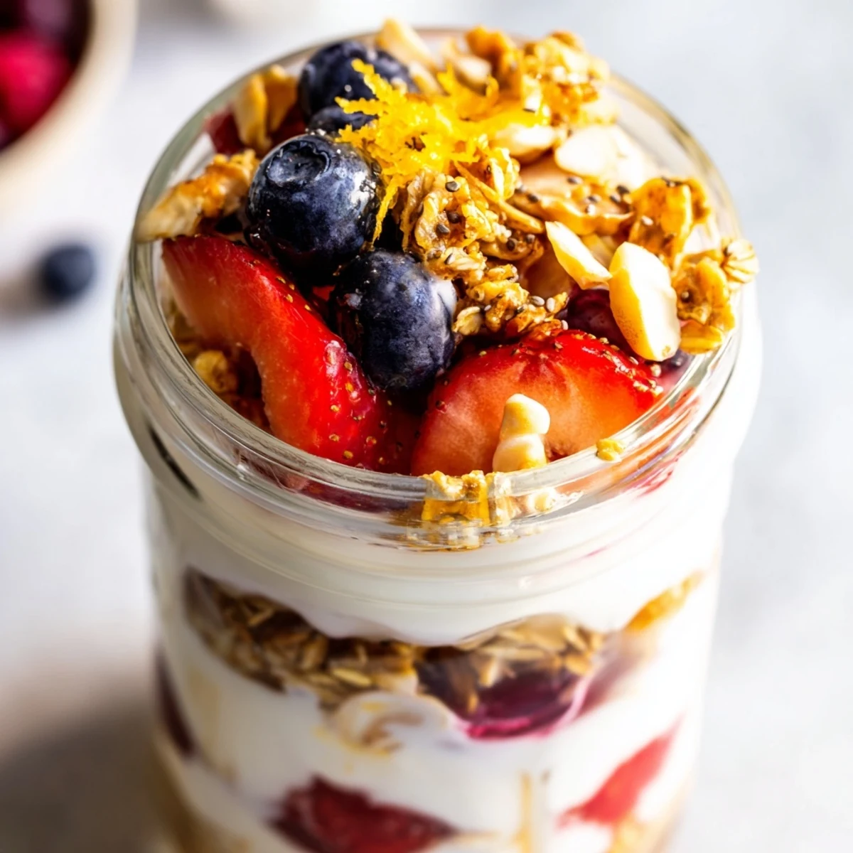 Creamy Greek yogurt parfait with layered berries and golden granola in glass jar