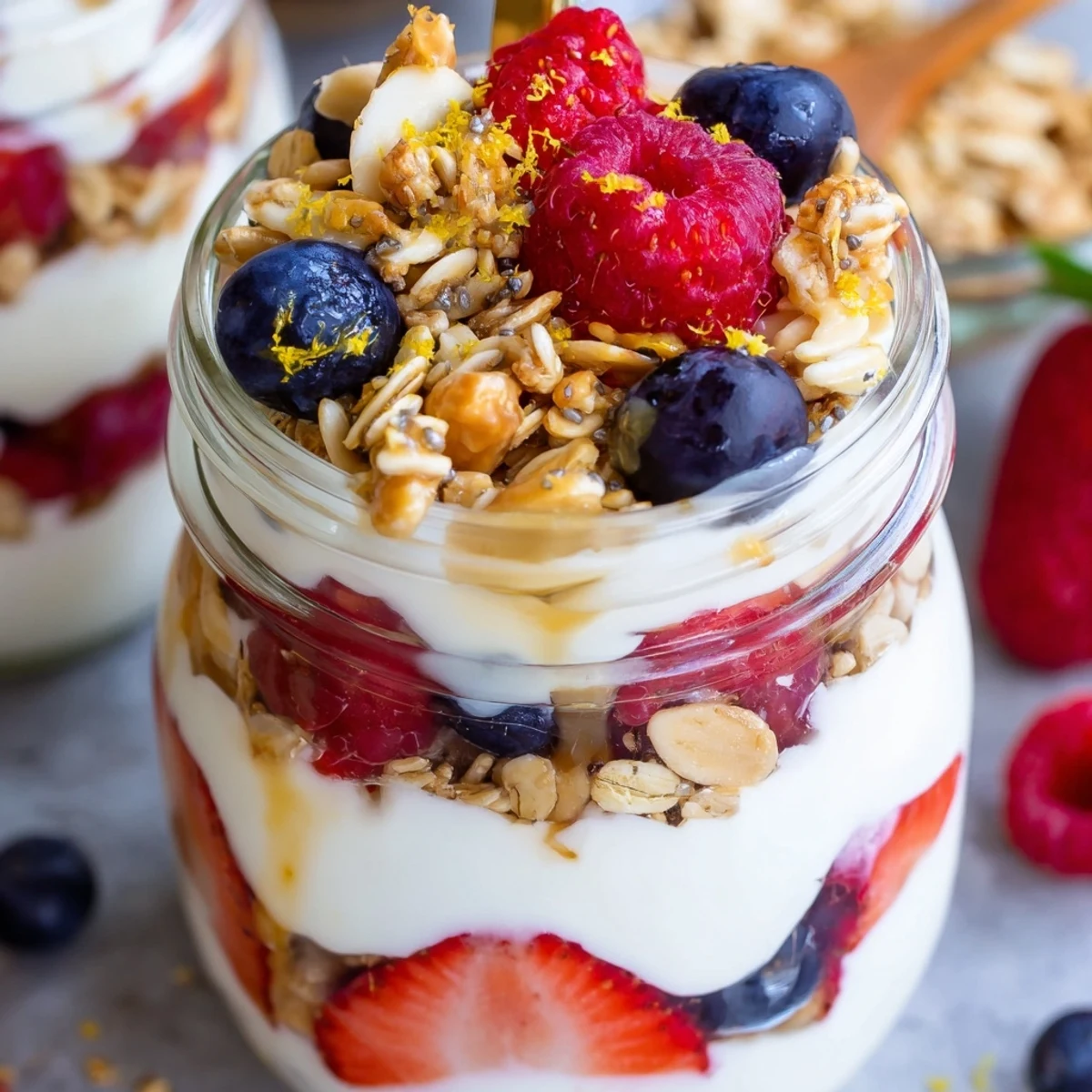 Greek yogurt parfait topped with fresh berries and crunchy granola sprinkled throughout