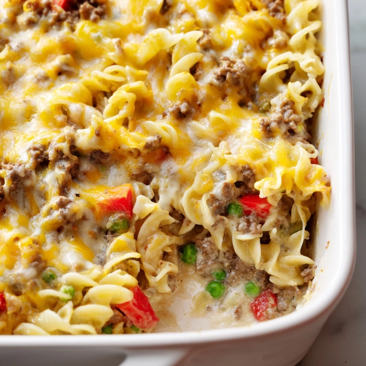 Golden bubbling cheesy beef and noodle casserole fresh from the oven with melted cheddar topping