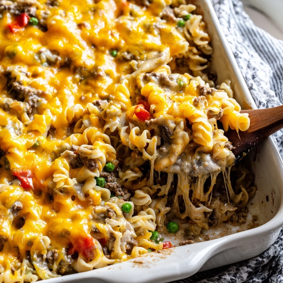 Creamy cheesy beef and noodle casserole with tender egg noodles in a rich, savory sauce