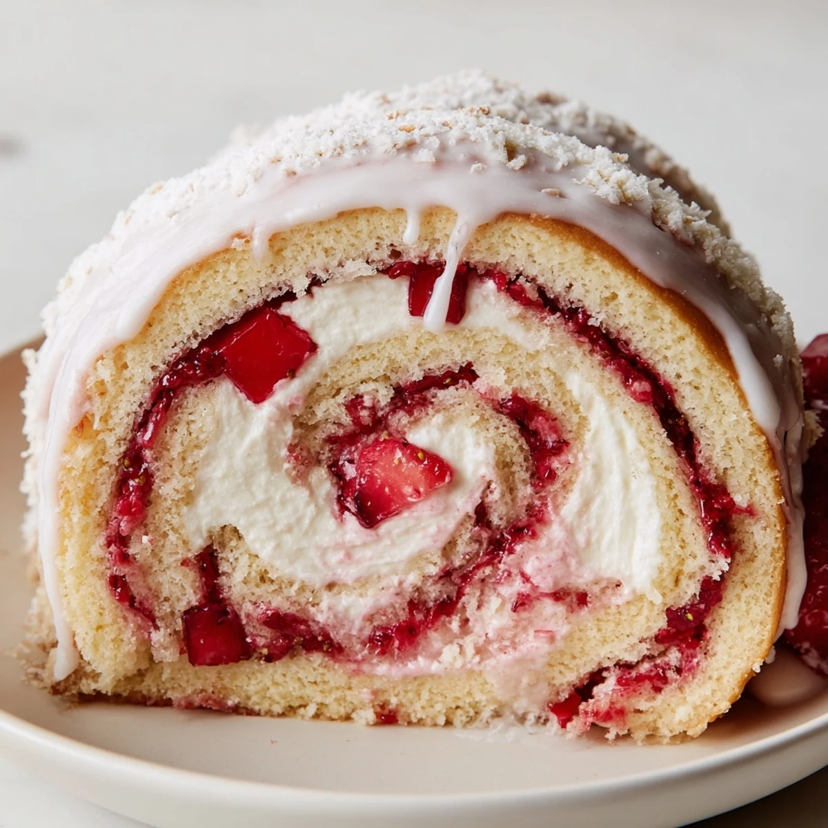 Sweet glazed Strawberry Shortcake Cheesecake Rolls fresh from the oven with gooey filling