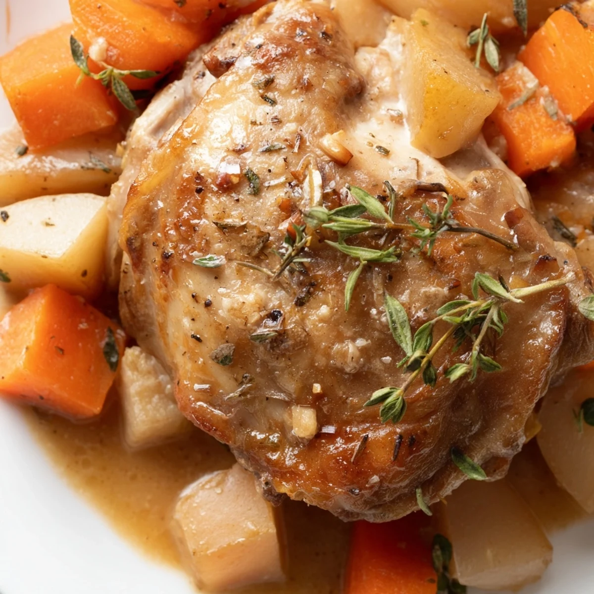 Slow cooker chicken dinner with tender vegetables in rich herb gravy