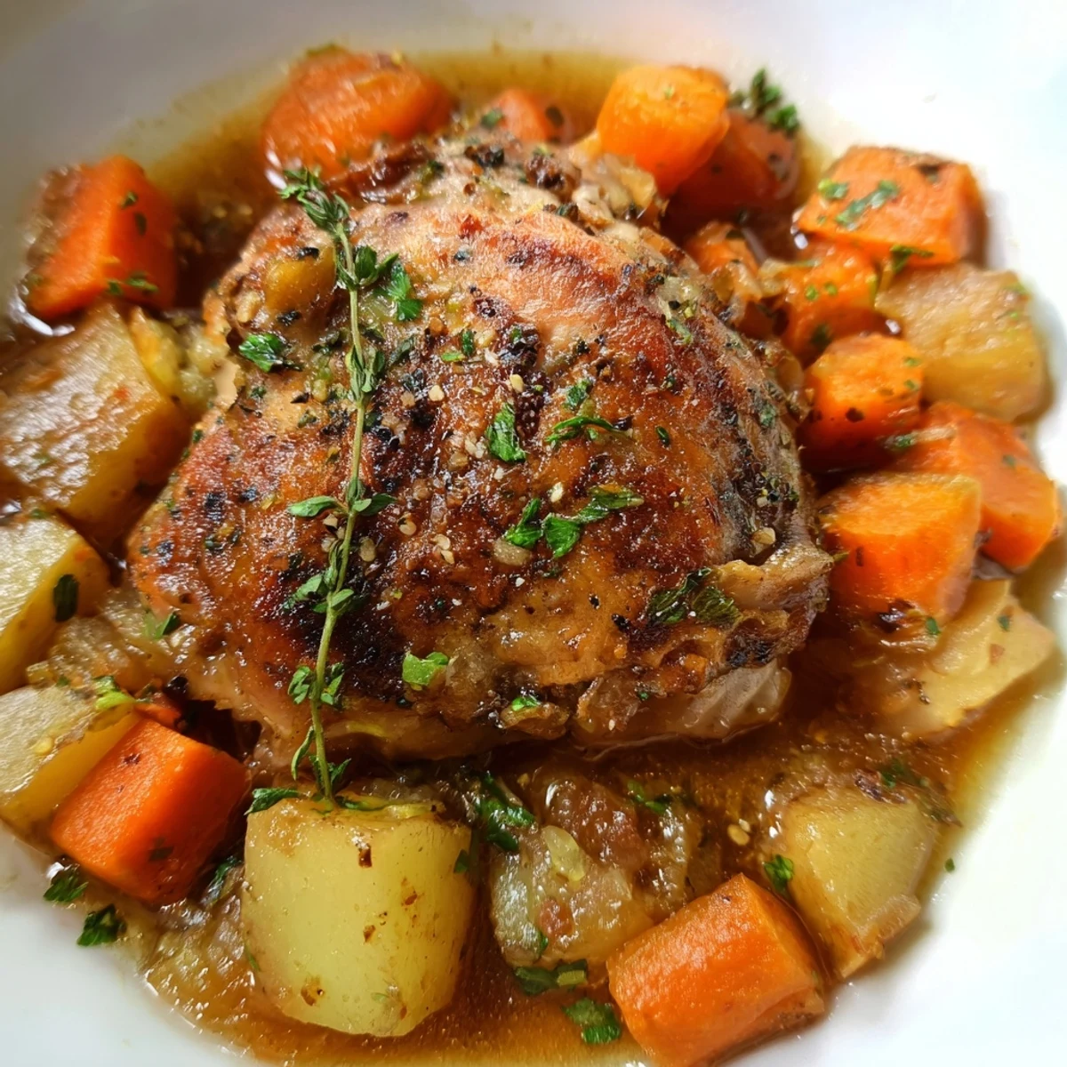Juicy chicken thighs nestled among carrots and potatoes in savory broth