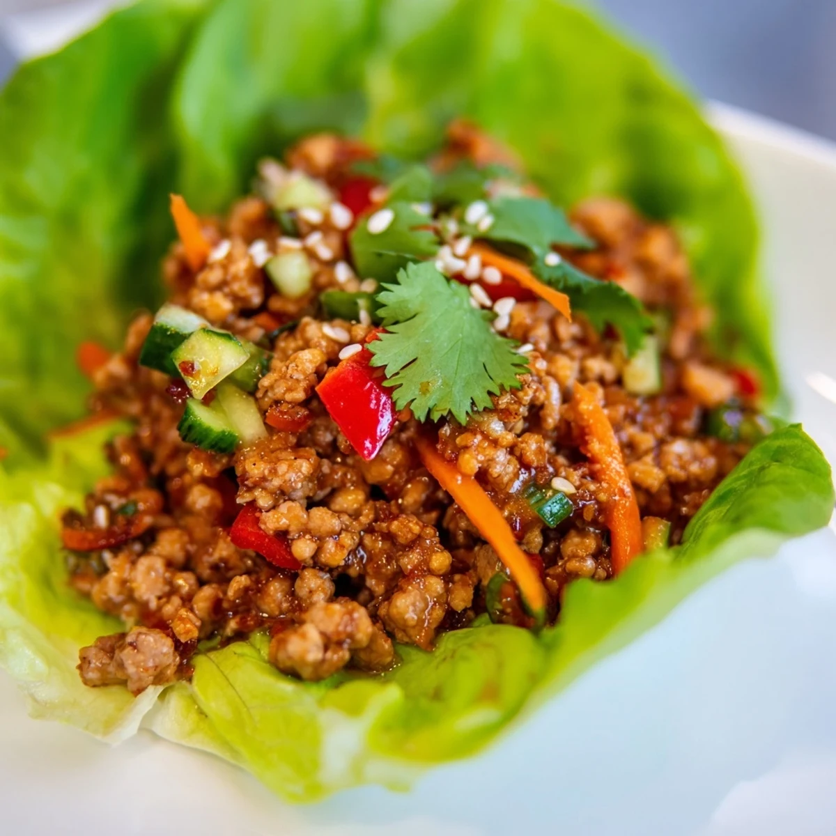 Crisp lettuce cups filled with savory ground turkey lettuce wrap bowls topped with sesame seeds.