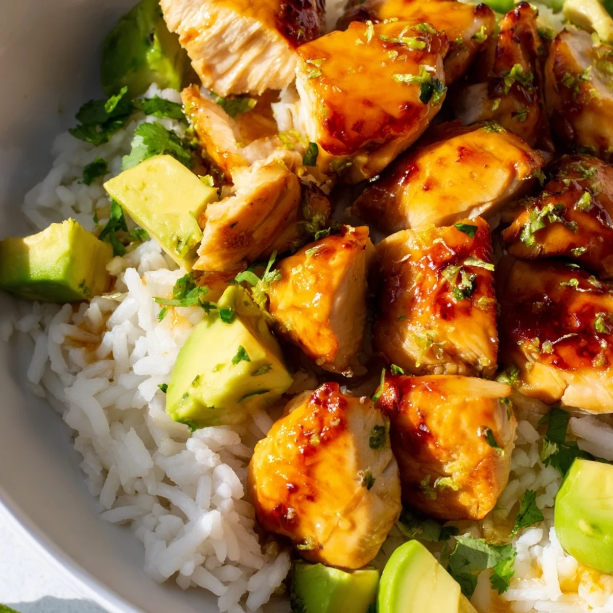 Golden honey lime chicken with grill marks served over creamy green avocado rice