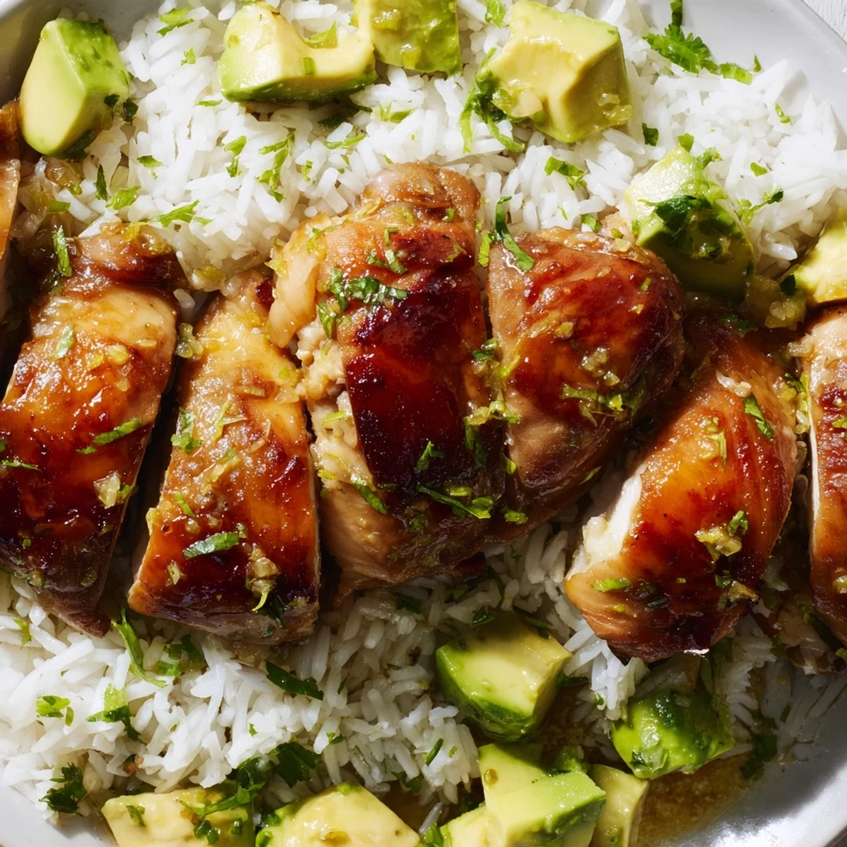Sliced honey lime chicken resting on fluffy avocado rice with fresh cilantro garnish