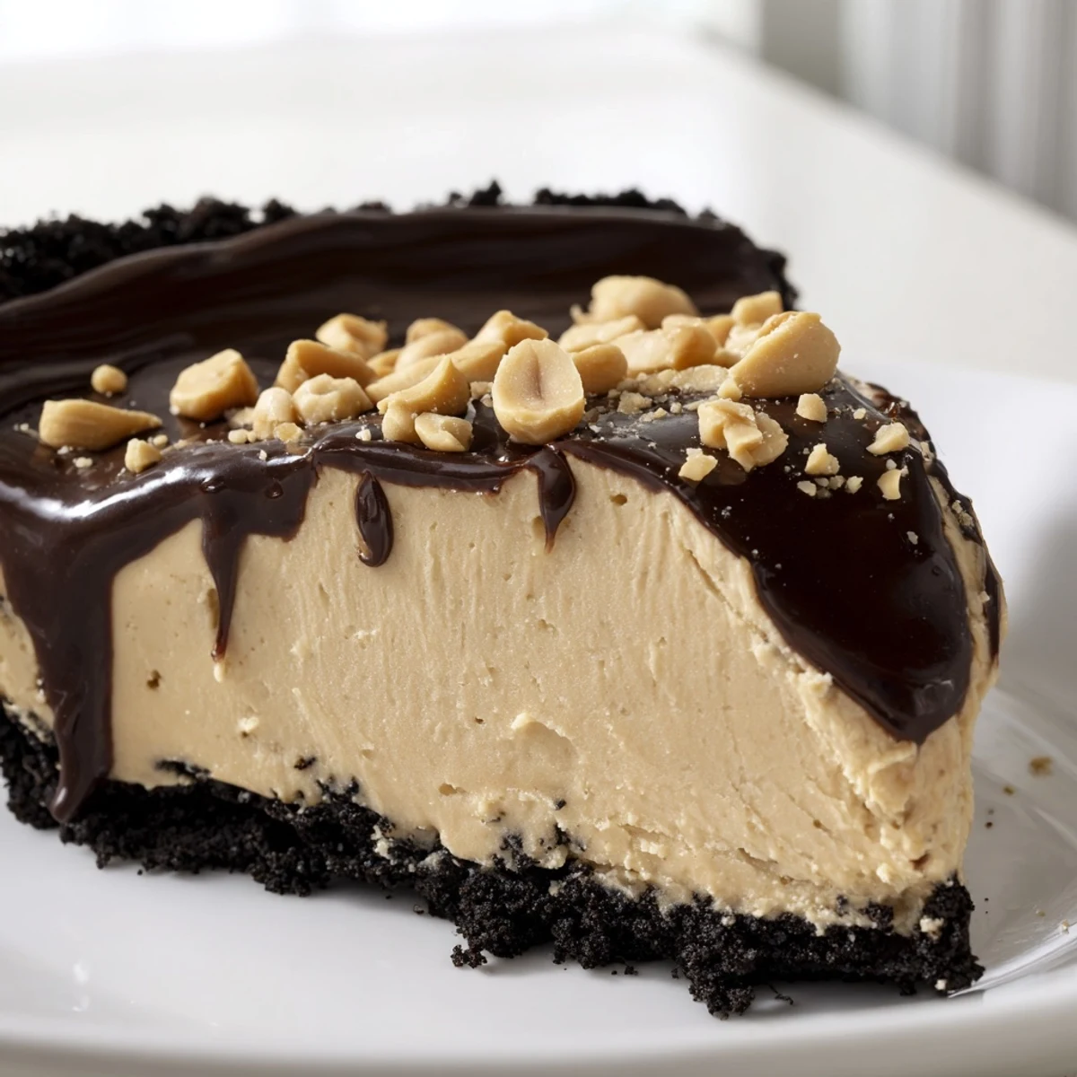 Creamy no bake peanut butter pie sliced thick on a dark chocolate cookie crust with glossy ganache drizzle