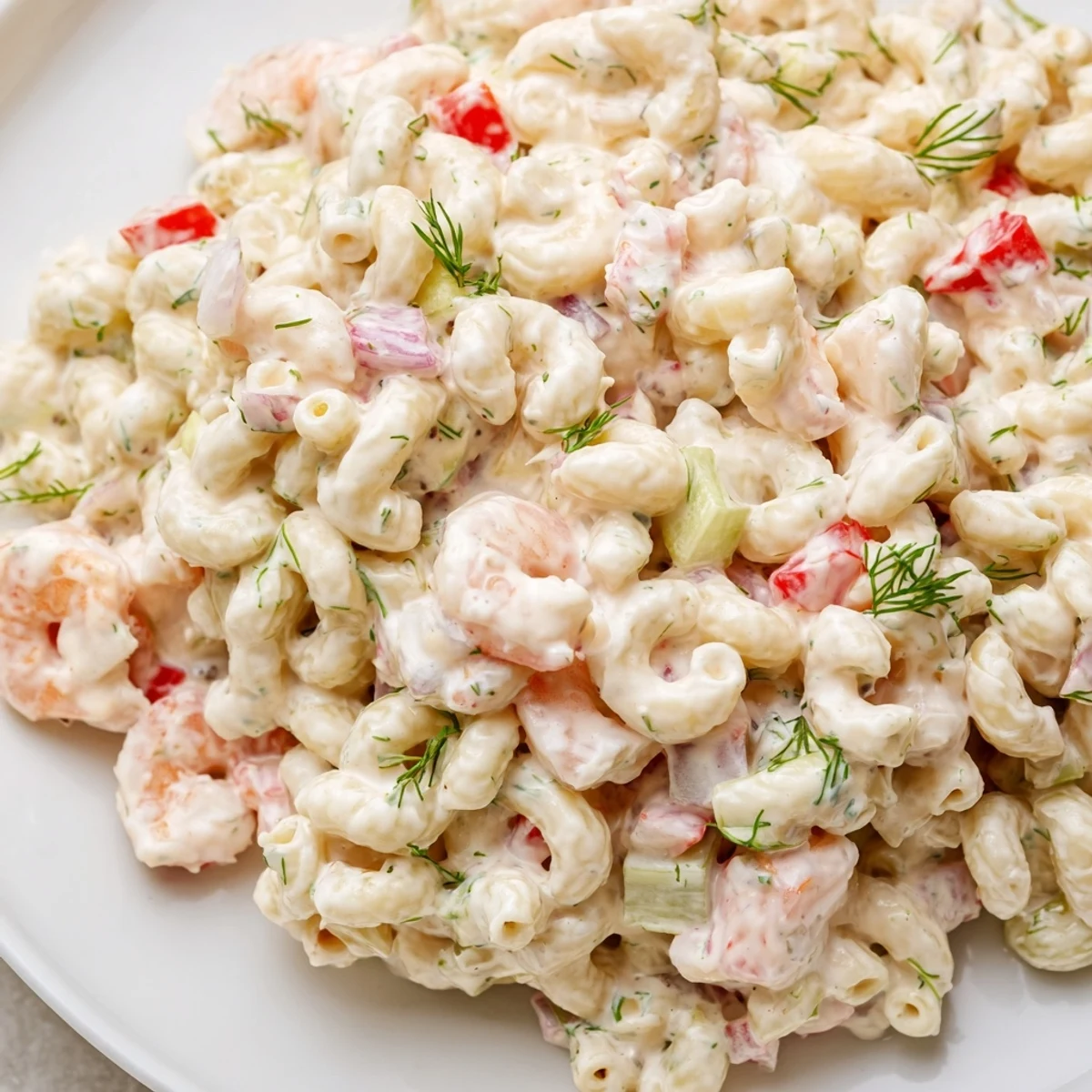 Creamy shrimp macaroni salad topped with tender pink shrimp and fresh herbs