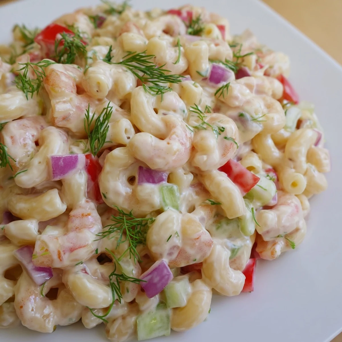 Chilled shrimp macaroni salad in a white bowl with crisp colorful vegetables
