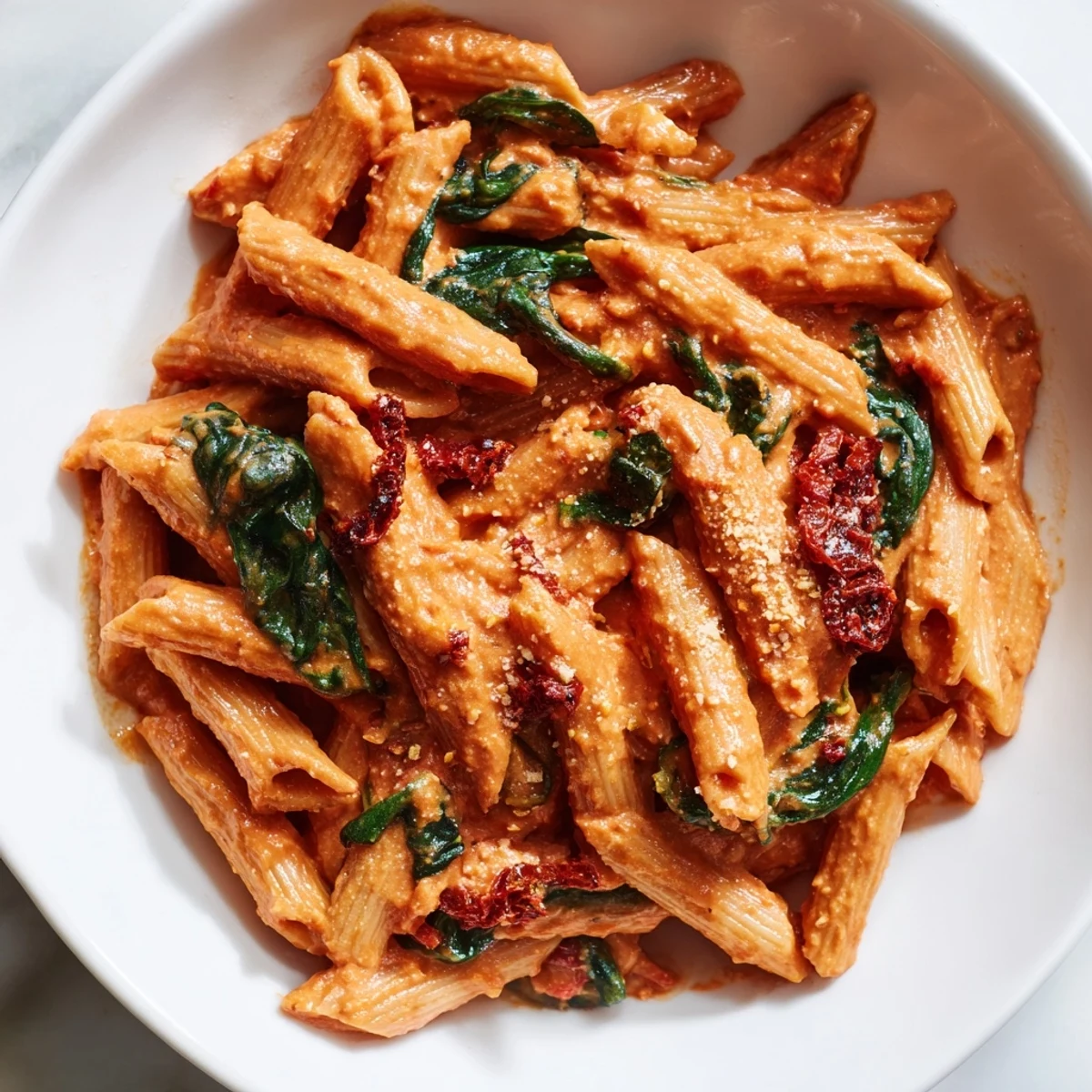 Creamy sun dried tomato vegan pasta tossed with wilted spinach and fresh basil