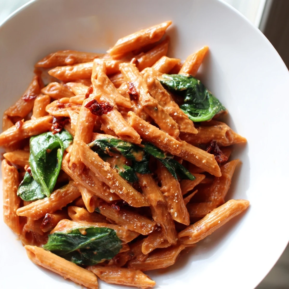 Bowl of creamy sun dried tomato vegan pasta garnished with torn basil leaves