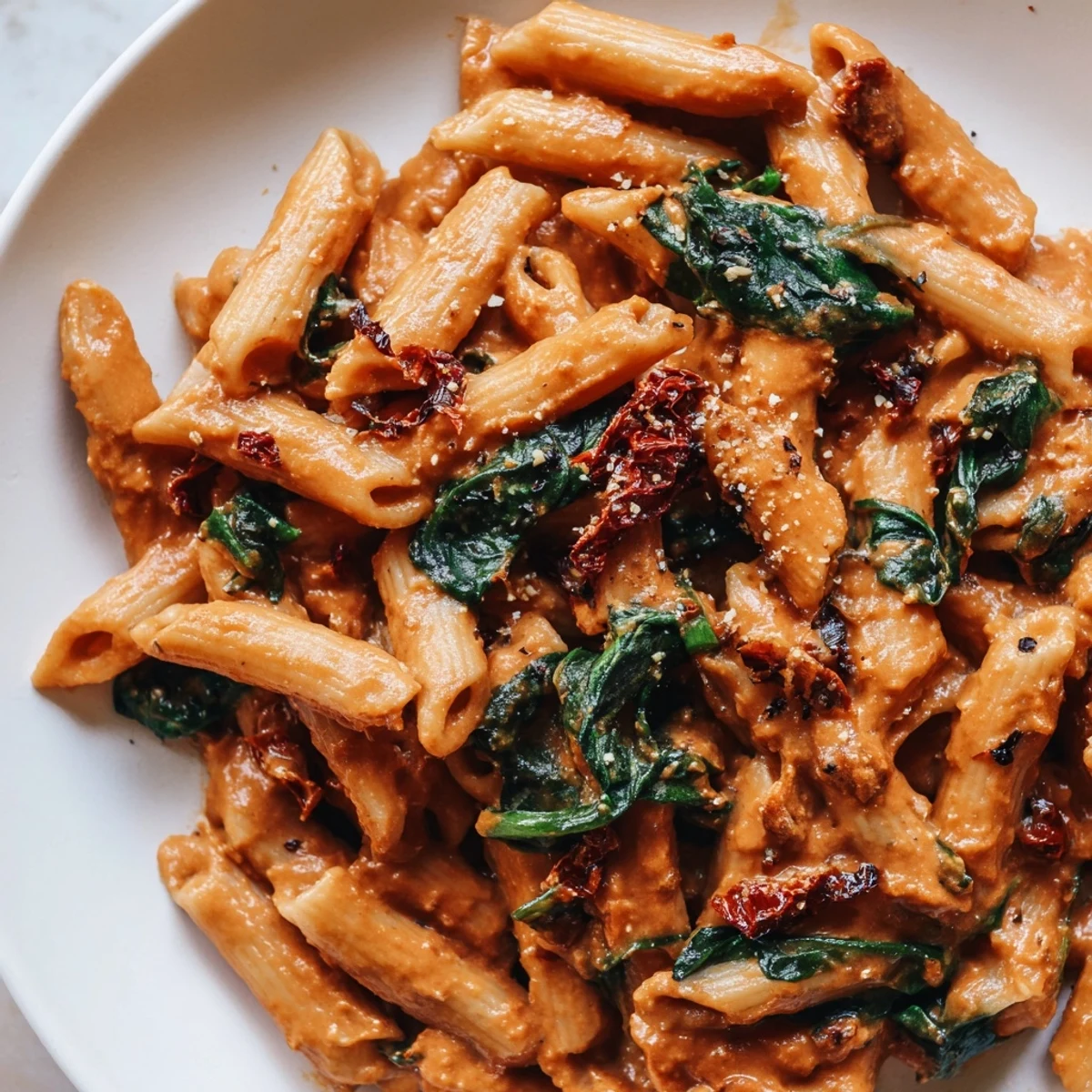 Steaming creamy sun dried tomato vegan pasta coated in a rich velvety cashew sauce