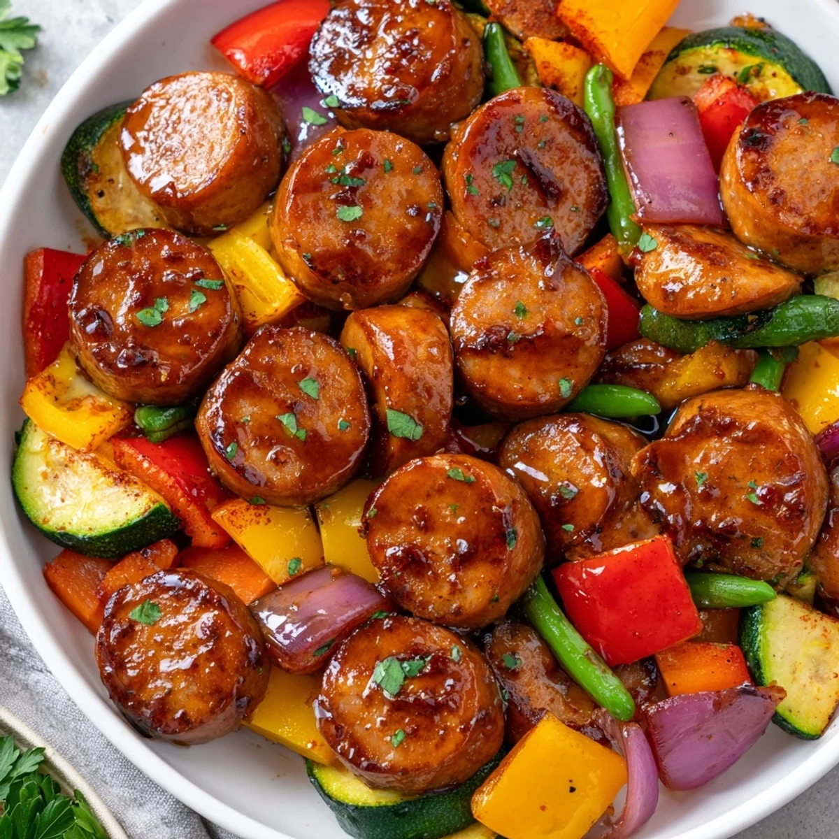 Golden honey garlic kielbasa with colorful tender vegetables in a sticky glaze