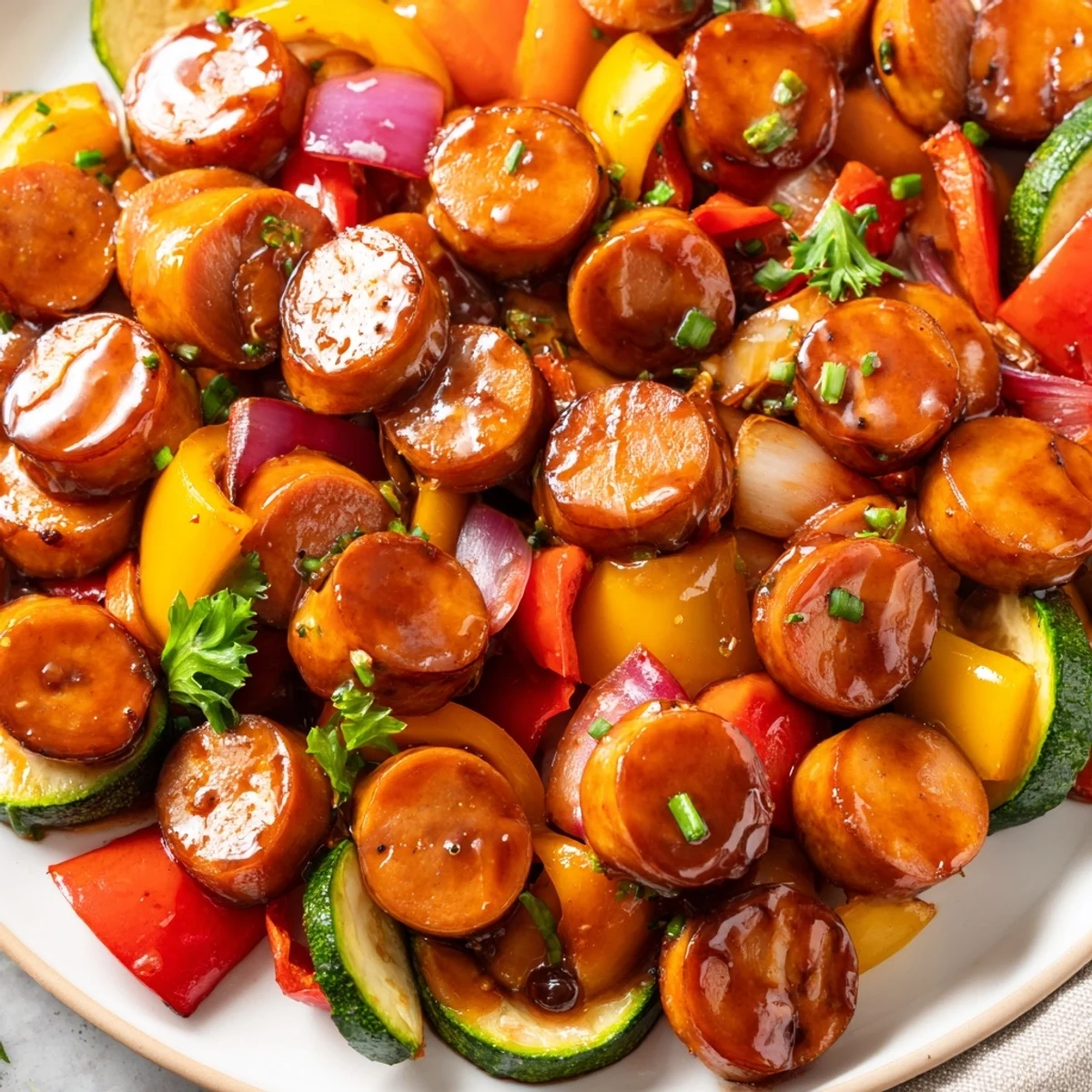 Sizzling skillet of honey garlic kielbasa nestled among vibrant bell peppers and zucchini