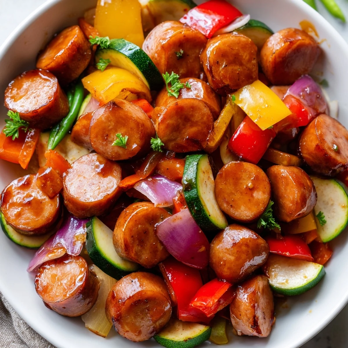 Smoky honey garlic kielbasa coated in a luscious glaze with tender crisp veggies