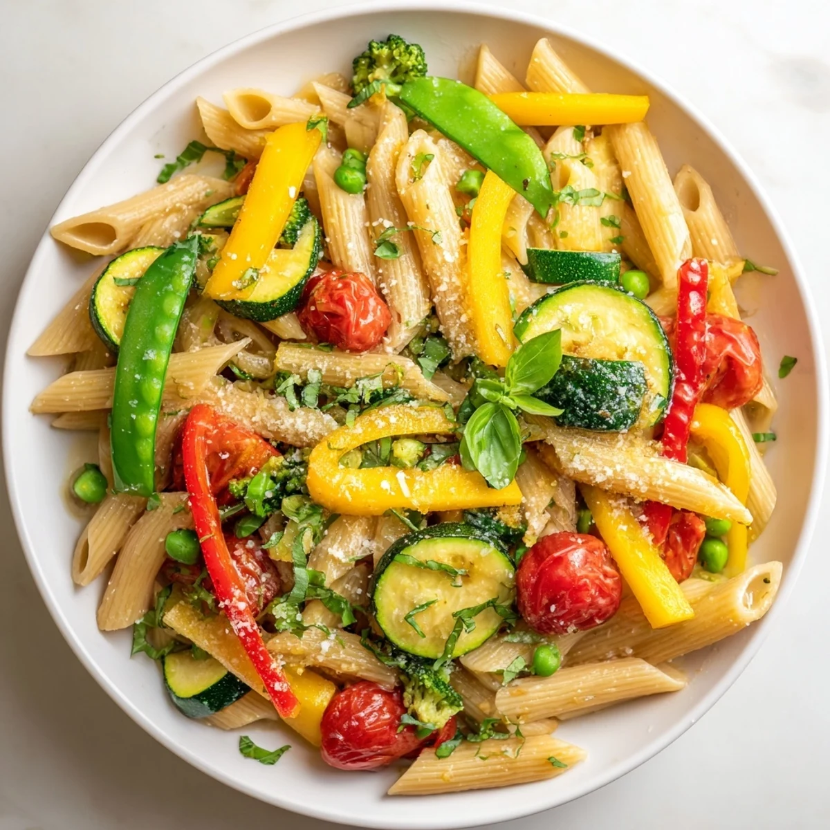 Colorful Pasta Primavera with vibrant vegetables in a light sauce on white plate