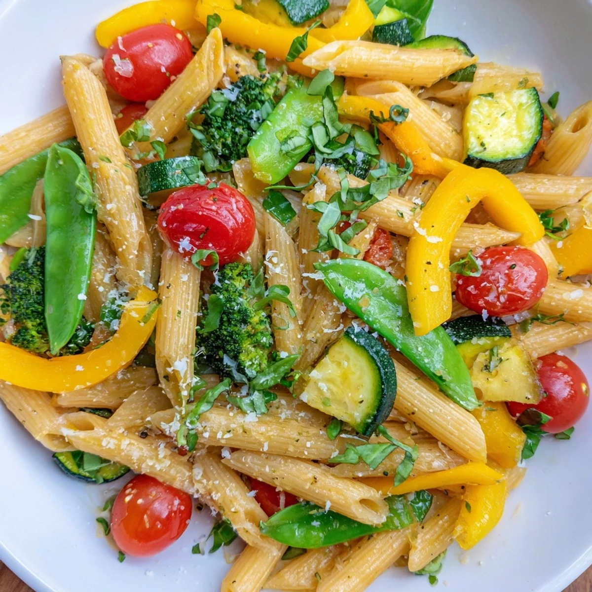 Creamy Pasta Primavera topped with fresh basil and grated Parmesan cheese