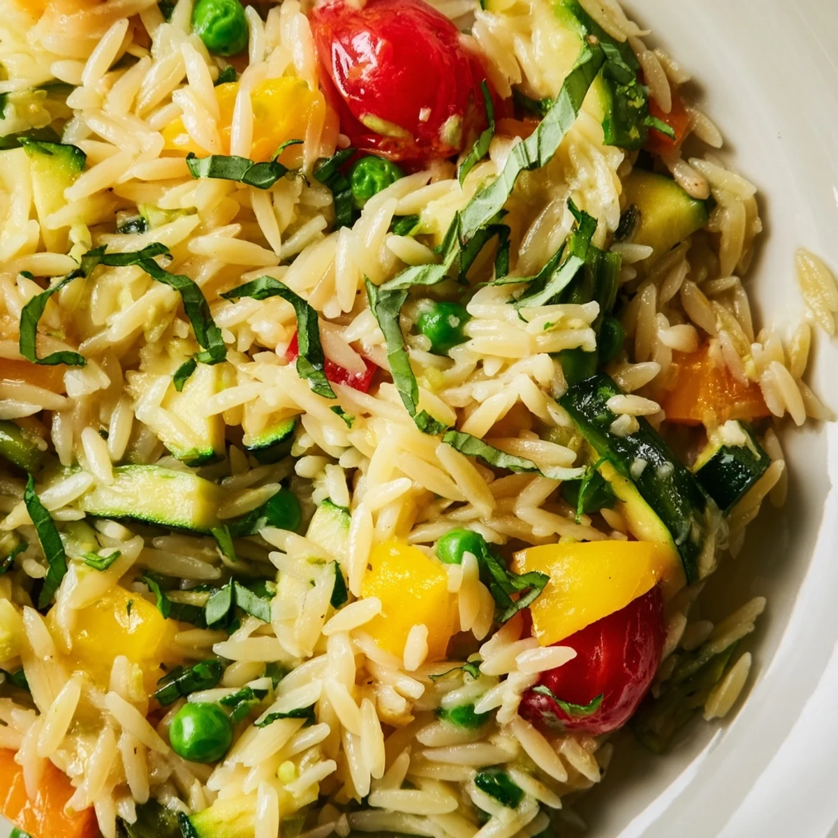 Orzo Primavera served in a white bowl with bright green asparagus and red tomatoes