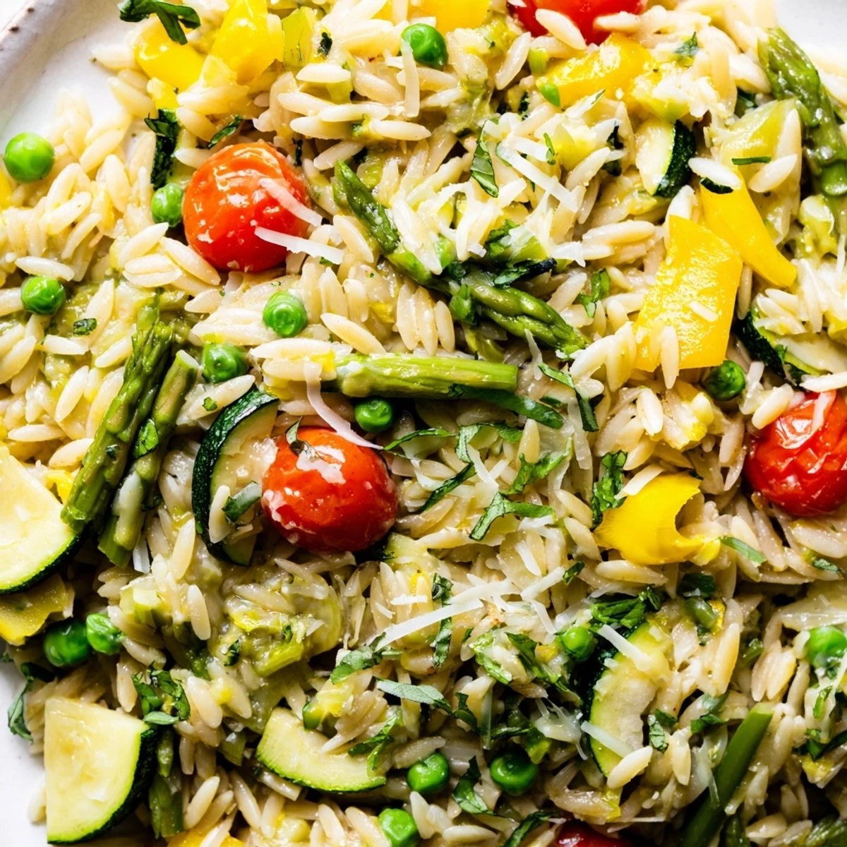 Creamy Orzo Primavera tossed with colorful spring vegetables and fresh herbs on plate